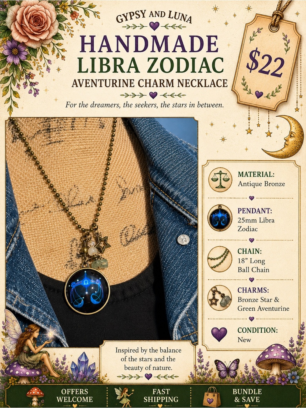 Libra Zodiac Green Aventurine Necklace, Handmade Charm Jewelry